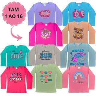 Kit 4 Blusa de Manga Infantil Menina Camiseta com Manga Juvenil Meia Estação  Algodão  1 ao 16