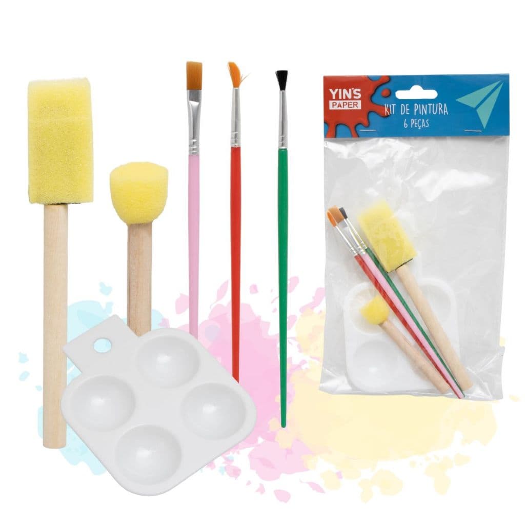 Kit Pintura Pincel Batedor Escolar Paleta De Tinta 6 Peças