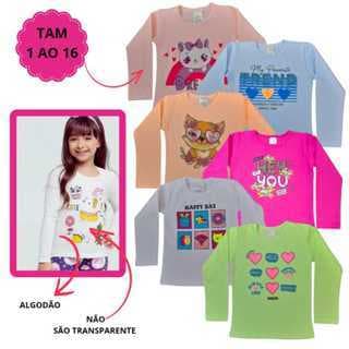 Kit 3 Camiseta de Manga Comprida Infantil Menina Blusinha Manga Juvenil Cotton Meia Estação 1 ao 16
