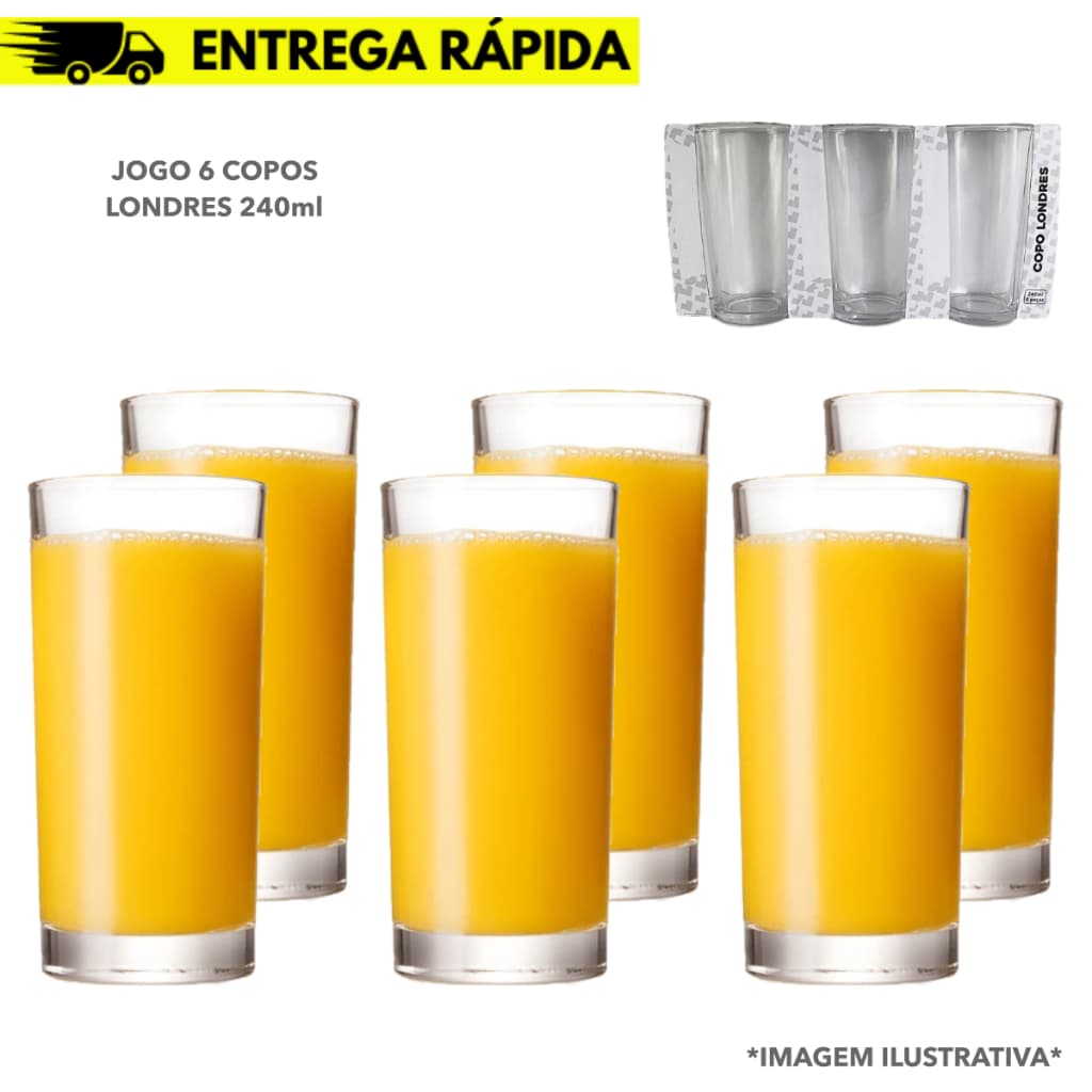 Jogo Copos Vidro Long Drink Londres Premium 240ml Conjunto 6 Unidades