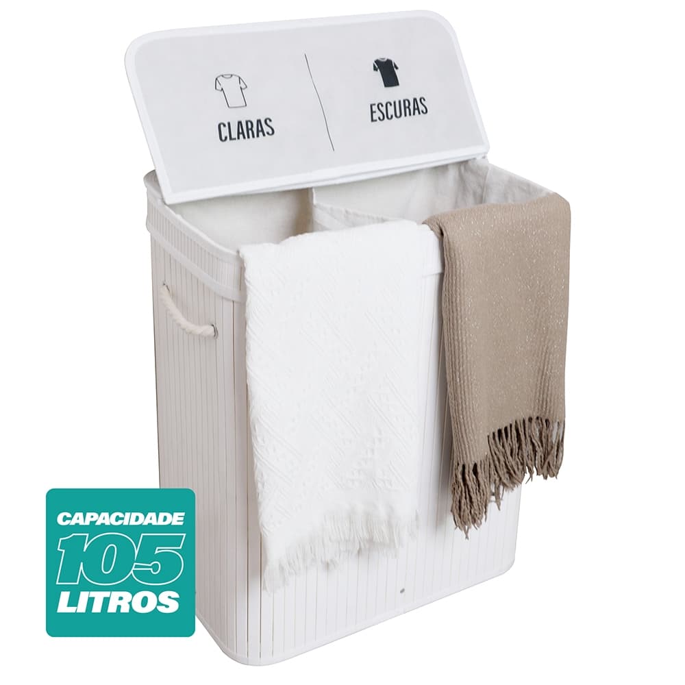 Cesto de Roupas Com Divisória Roupeiro Bambu Retangular Artiko Pratic+ Com Tampa 105L
