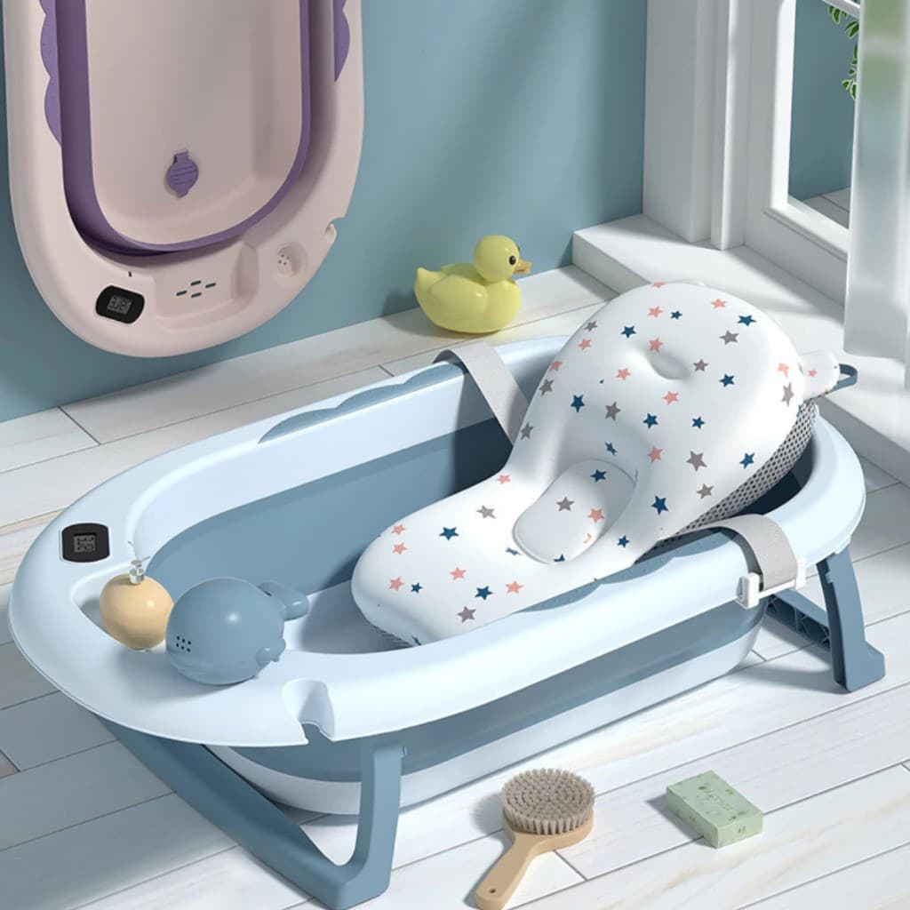 Banheira Azul ou Rosa para bebe com termômetro digital + almofada + chuveirinho de mão