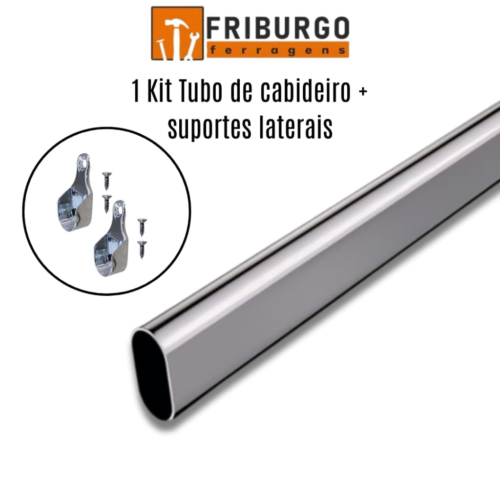 1 Kit Tubo de Cabideiro Oval Arara para guarda-roupas e closets + suportes laterais e parafusos (sob medida)