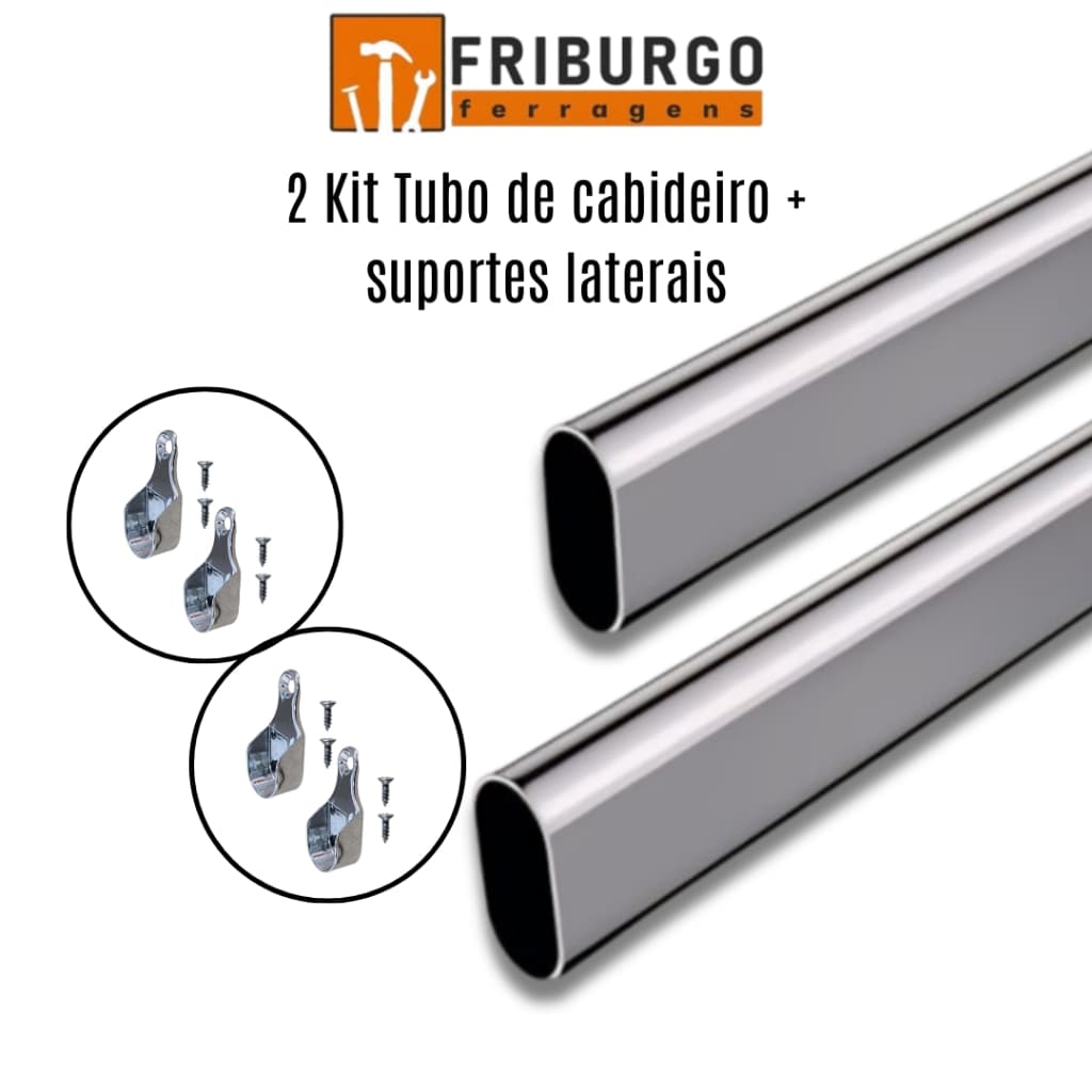 2 Kits Tubo de Cabideiro Oval  Arara para Guarda-Roupas + Suportes Laterais e Parafusos (Sob Medida)