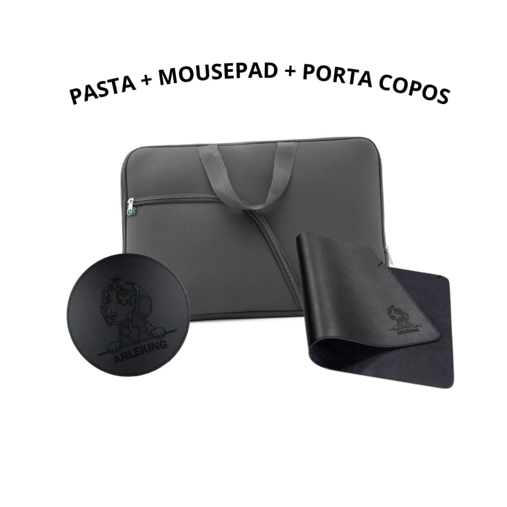 Kit Pasta De Notebook Case Capa + MousePad Preto 25x20 Couro Sintético + Porta Copo