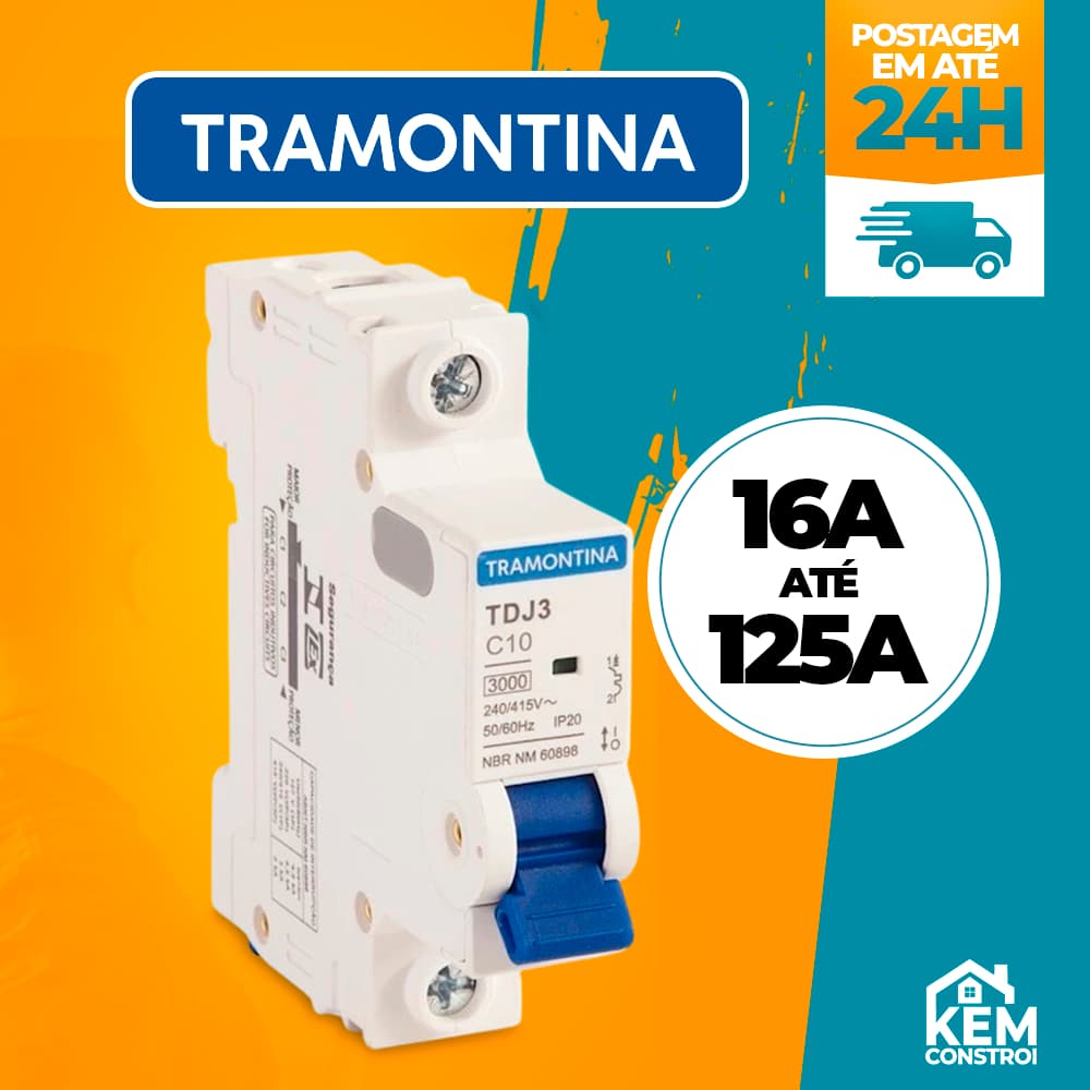 Disjuntor DIN Curva C Unipolar Tramontina de 16 Amperes a 125 Amperes
