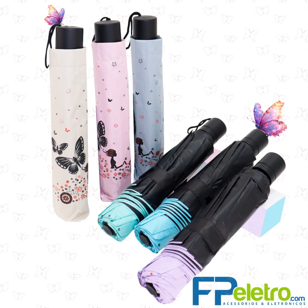 Guarda Chuva Grande Com Proteção Solar Blackout Reforçado Contra Vento Cabe Na Bolsa Estampa Borboleta Colorido 10 Haste