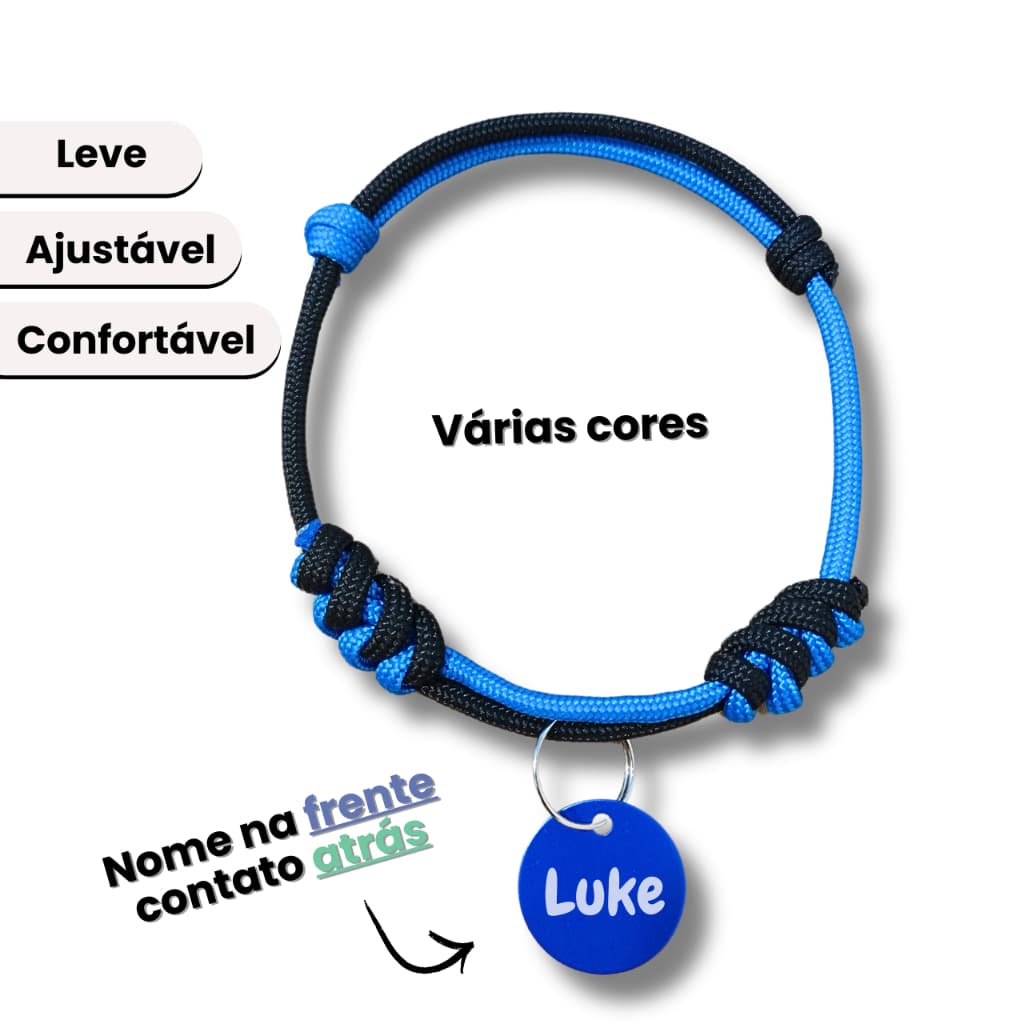Coleira personalizada trançada com plaquinha de identificação para cachorro e gato