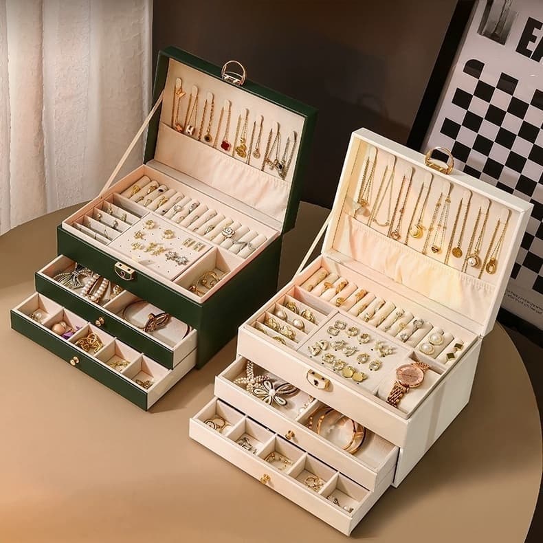 Caixa de Joias de 3 Camadas Caixa de Armazenamento de Joias de Couro PU Preto Com 2 Gavetas Segura para Quarto Q19