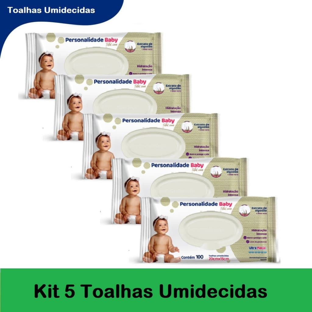 Kit 5ptes Personalidade Baby 100 Toalhas Umedecidas Cada - Total 500un