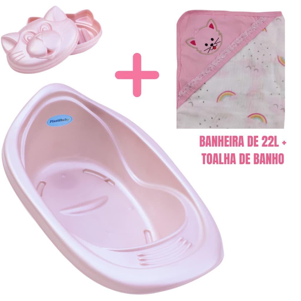 KIT BANHO BEBÊ BANHEIRA 22L + TOALHA FRALDA COM CAPUZ E BORDADO OU ROUPÃO + SABONETEIRA PLASTIBABY
