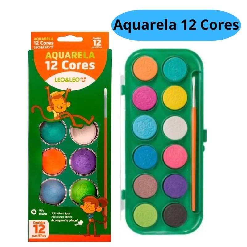 Estojo Aquarela 12 Cores Tinta e Pincel Para Personalizar Uso Escolar Infantil Artístico Leo&Leo