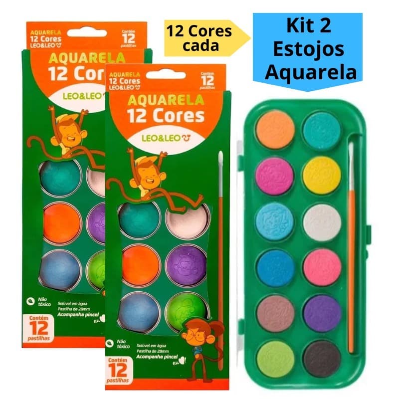 Kit 2 Estojo Aquarela 12 Cores Tinta e Pincel Para Personalizar Uso Infantil Escolar Artístico Leo&Leo