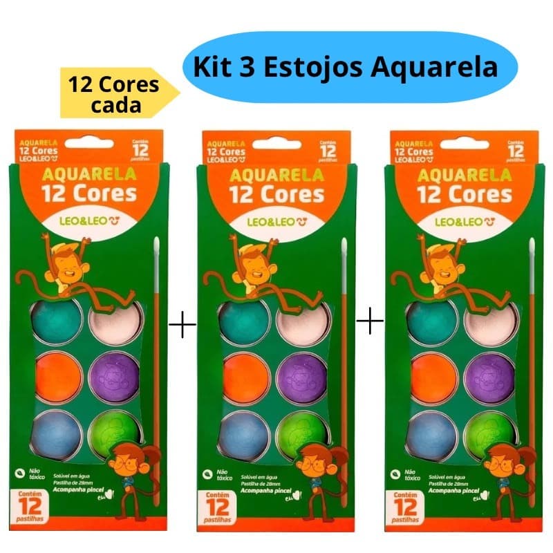 Kit 3 Estojo Aquarela 12 Cores Tinta e Pincel Para Personalizar Uso Infantil Escolar Leo&Leo
