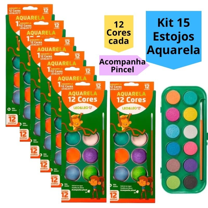 Kit 15 Estojo Aquarela Para Personalizar 12 Cores Tinta e Pincel Para Festa Infantil Lembrancinha Escolar Leo&Leo
