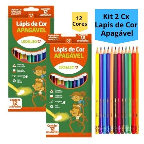 Kit 2 Caixas Lápis de Cor Apagável 12 Cores Triangular Com Borracha Escolar Infantil Leo&Leo
