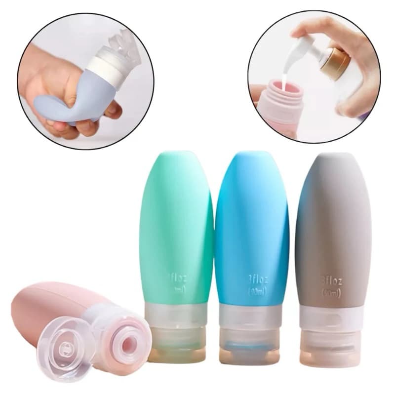 Kit 4 Frasco De Cosmetico 90ml Silicone Para Viagem Portatil Shampoo Creme Loçao Sabonete 24803 .