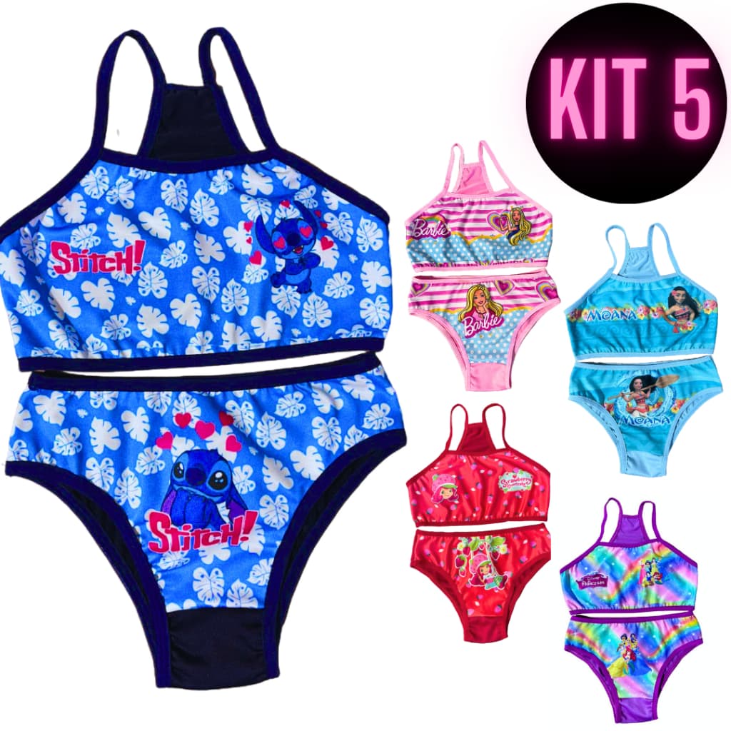 Kit  5 Conjuntos Biquíni Infantil Sublimado Calcinha e Top Desenho Presente menina praia  Verão 2026