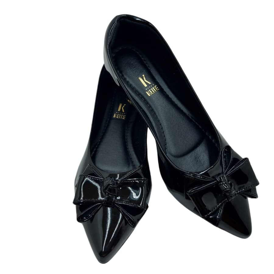 Sapatilha rasteira preto feminino bico fino verniz preta com laço rasterinha