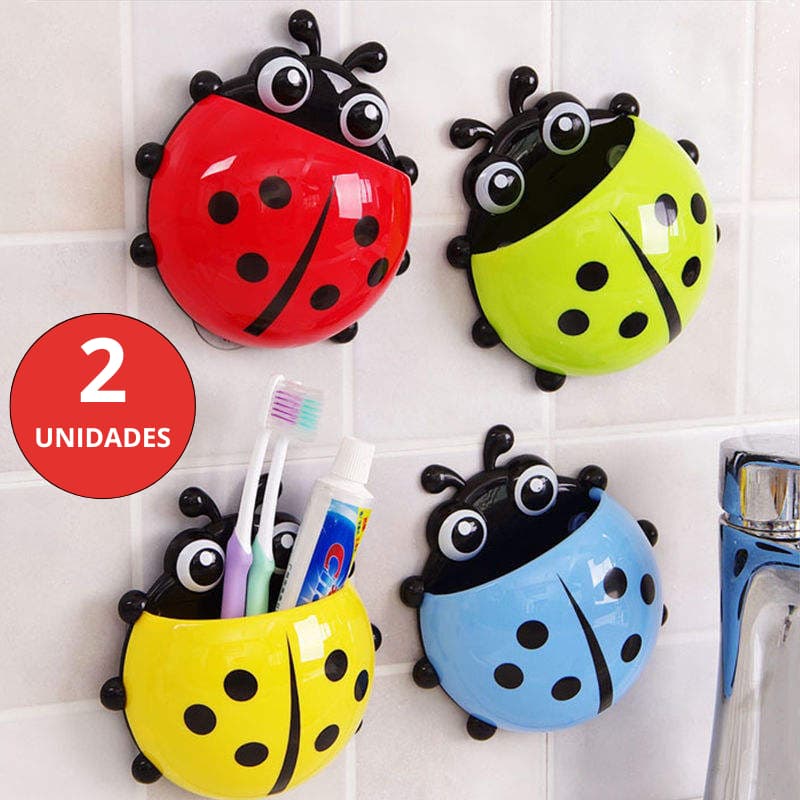 Kit Porta Escova Infantil Joaninha com Ventosa – Suporte Organizador de Escova para Banheiro