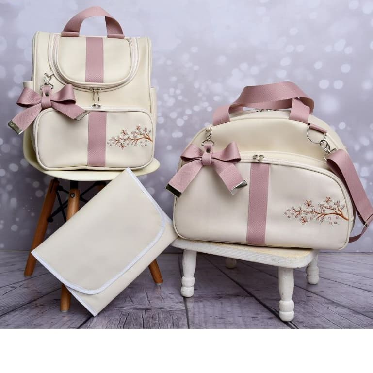 bolsa Maternidade kit 3 Peças com Bordado mamae e bebe RAMA/ GALHO / LEAO l Faixa Laço e Trocador