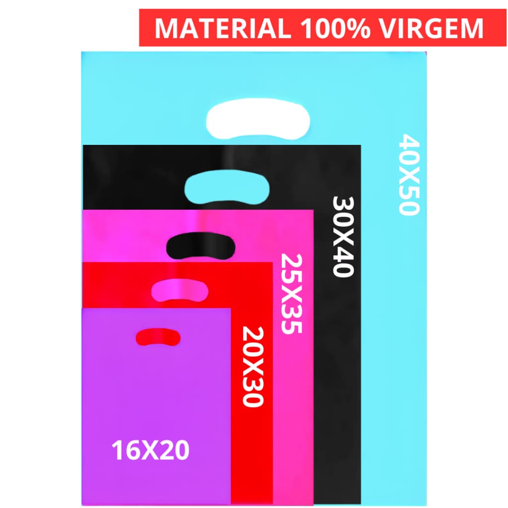 50 Unidades sacolas plasticas 16x20 - 20x30 - 25x35 - 30x40 - 40x50 - alça vazada - boca de palhaço