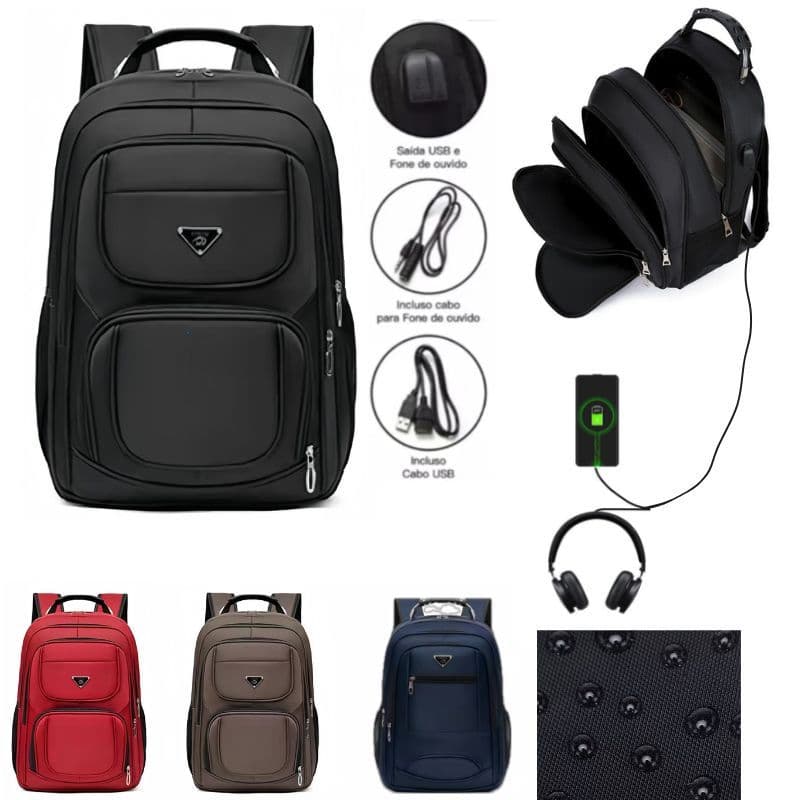 Mochila Masculino Feminina Bolsa Impermeavel Reforçada Cabe Notebook Entrada USB/Fone Cabo De Aço