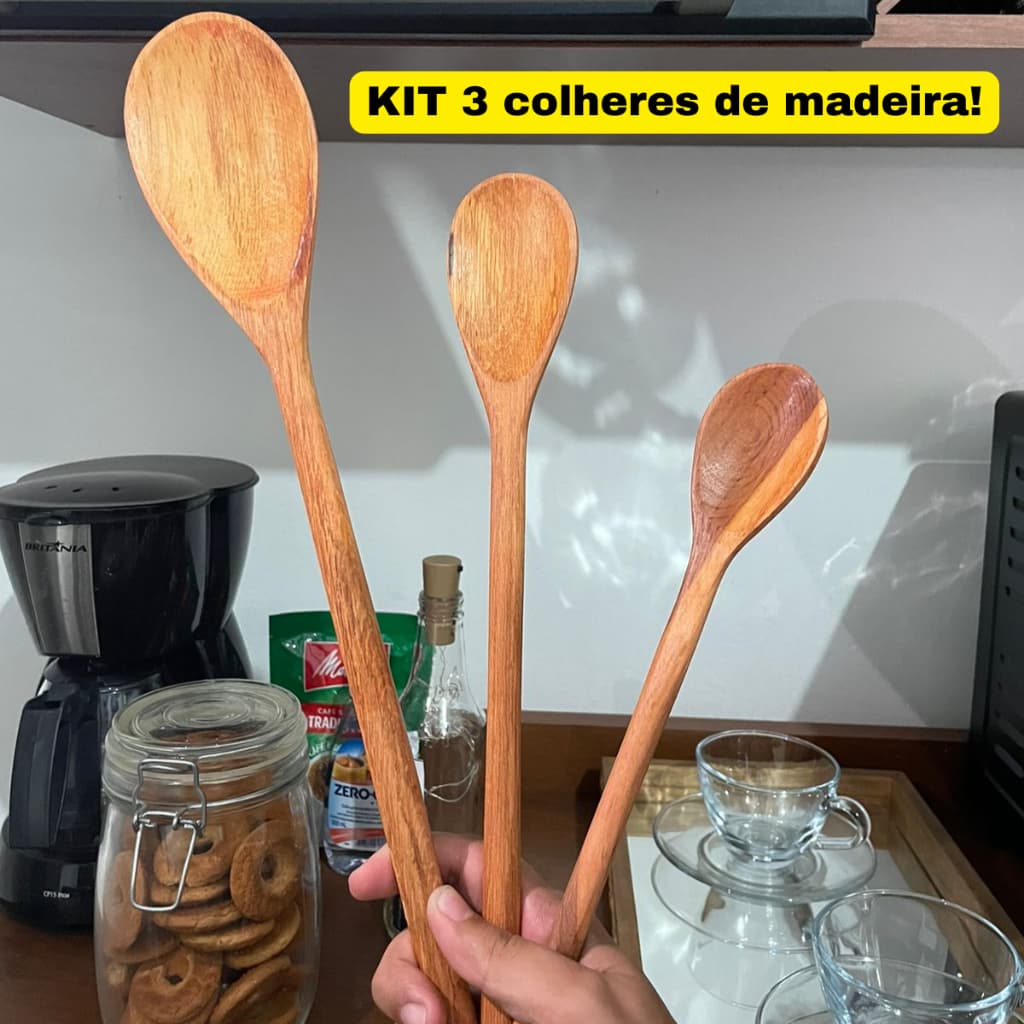 Colher De Pau Kit 3 P M G Utencilio De Cozinha Cabo Resistente Casa