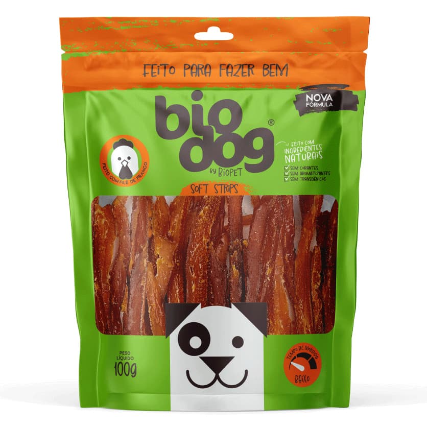 Petisco Natural BioDog Gourmet Cães - Soft Strips ou Soft Steak Sabor Frango 100g - Envio Rápido