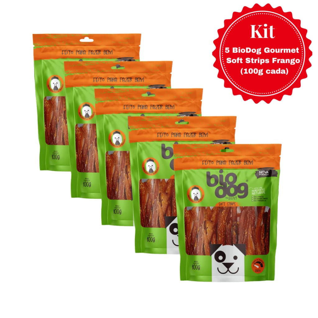 KIT 5/10 Pacotes Petisco Natural Cães Cachorros BioDog Gourmet Soft Strips Frango 100g Cada PROMOÇÃO ENVIO IMEDIATO