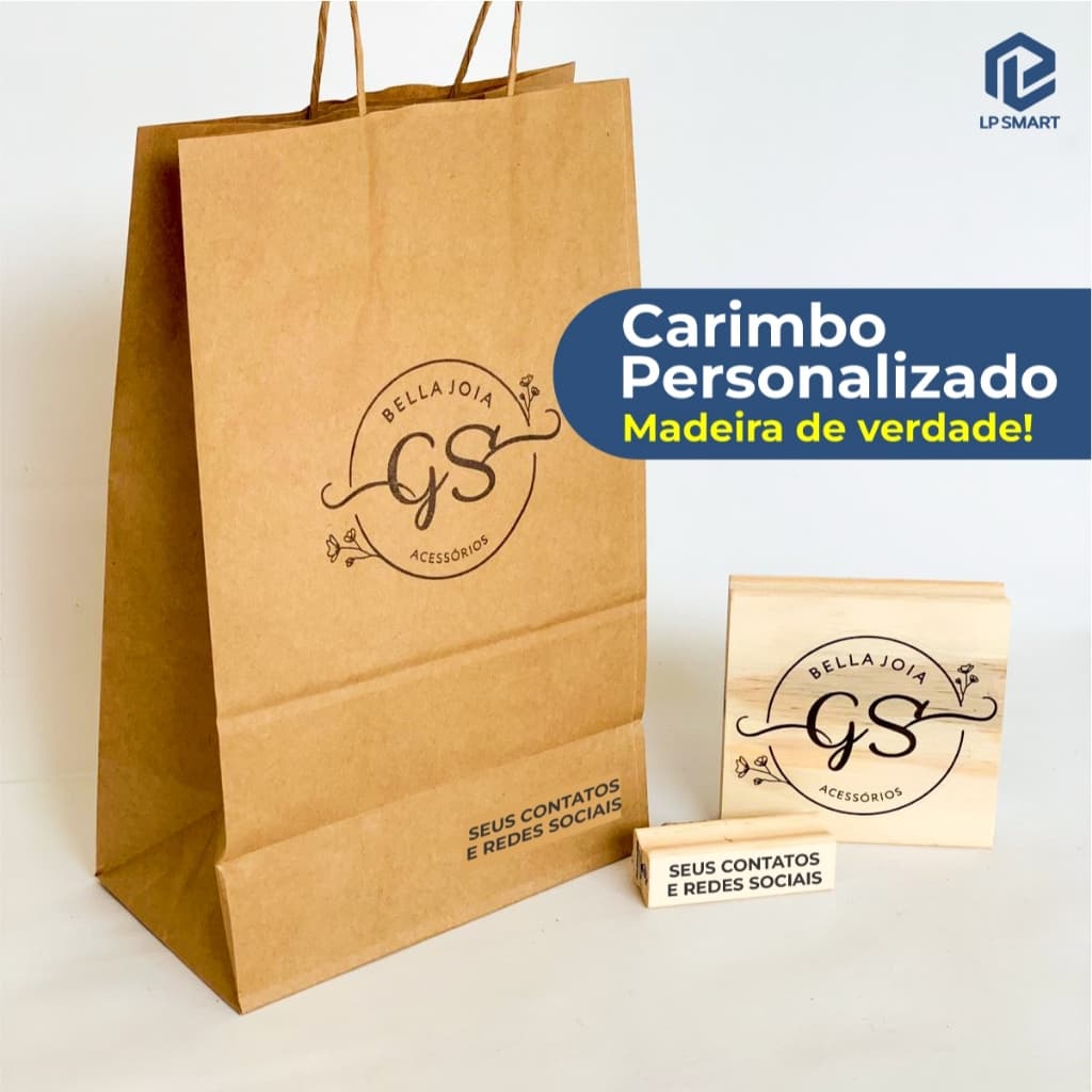 Carimbo Personalizado Logomarca Artesanal para sacolas kraft, caixa, papel, madeira e mais