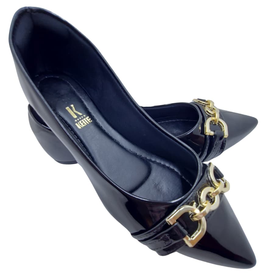 Sapatilha rasteira preto feminino bico fino verniz preta com fivela rasterinha