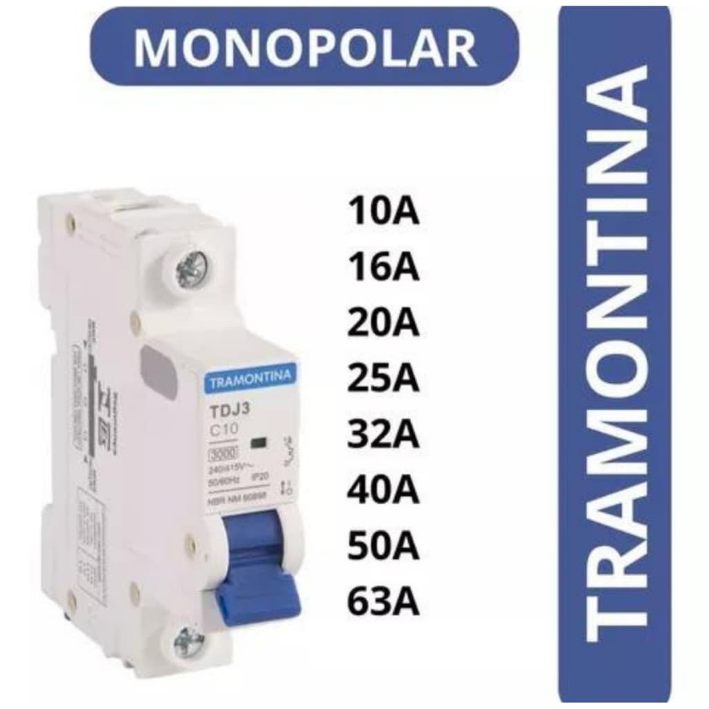 Disjuntor Unipolar mono 6A, 10A, 16A, 20A, 25A, 32A, 40A, 50A, 63A, 70A