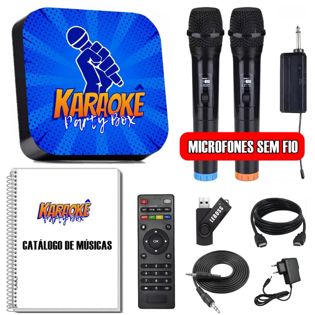 Karaoke Party Box Azul +2 Microfones Sem Fio +de 2000 Músicas +Catalogo (Com Pontuação) Original
