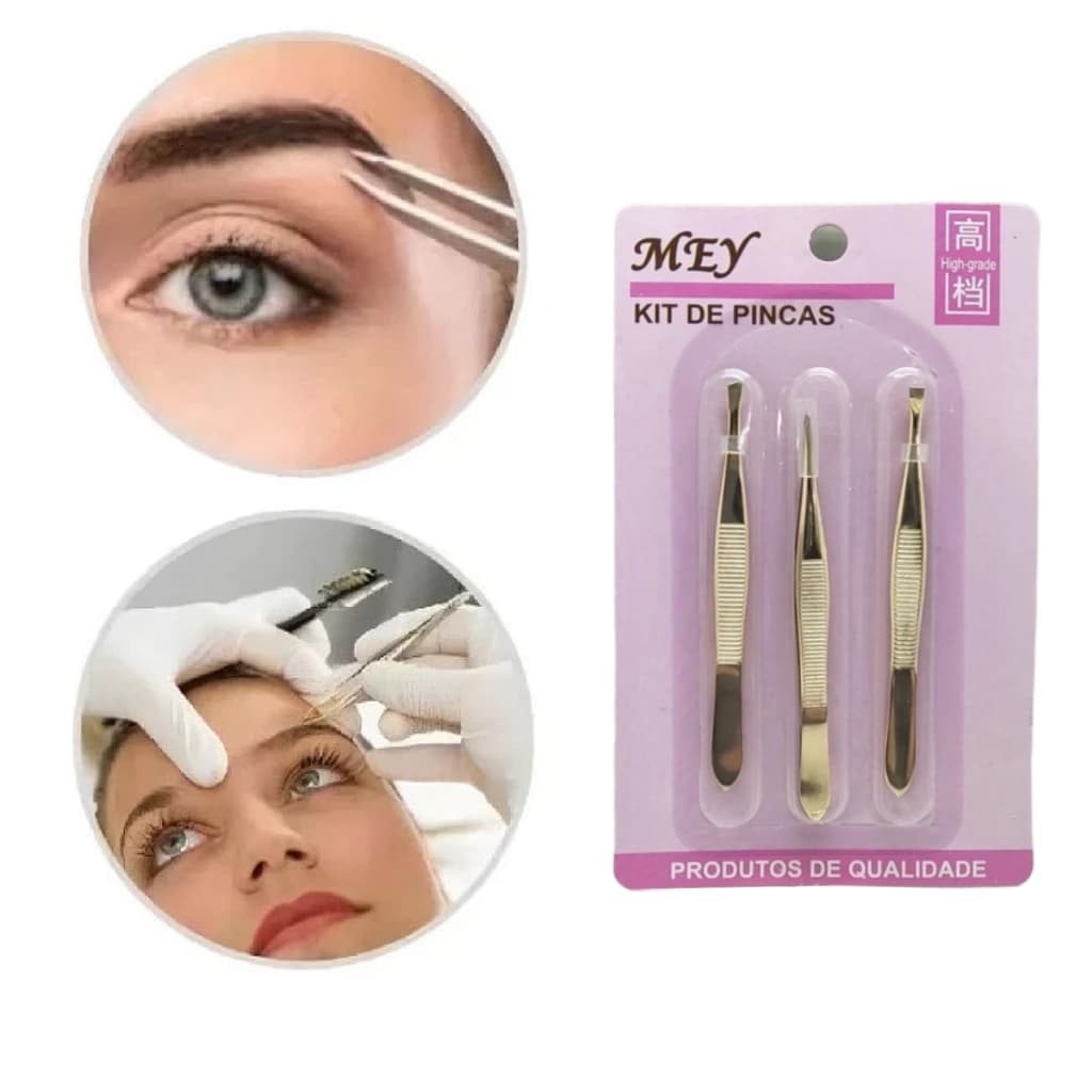 Kit 3 Pinças Dourada Para Sobrancelha Remoção de Pelos Profissional Aço Inox