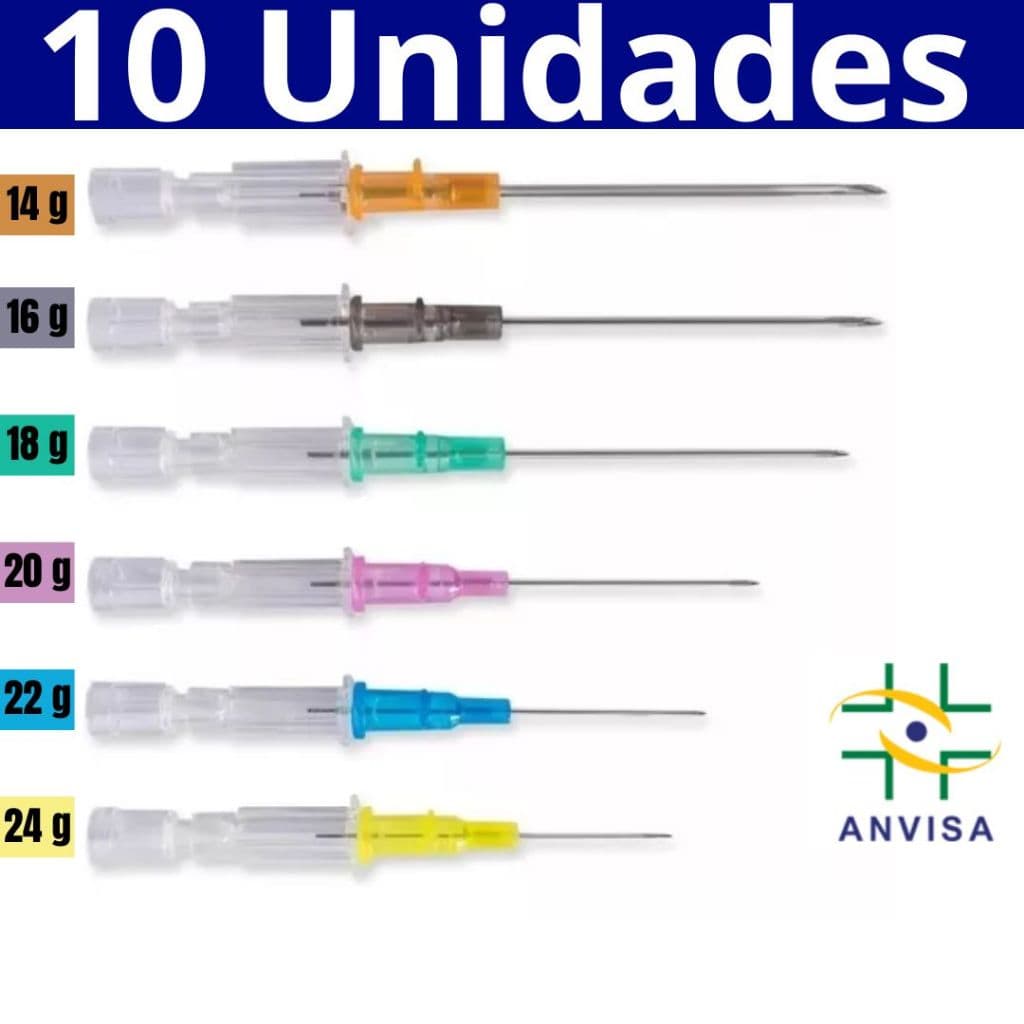 Kit 10 Cateter Jelco Intravenoso Estéril Body Piercing Tamanhos 14G, 16G, 18G, 20G, 22G, 24G