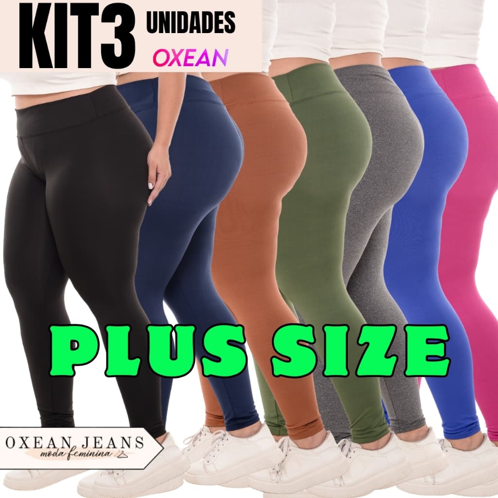 Kit 3 Calças Legging Plus Size Feminina Leg Suplex Zero Transparência Cintura Alta Levanta Bumbum