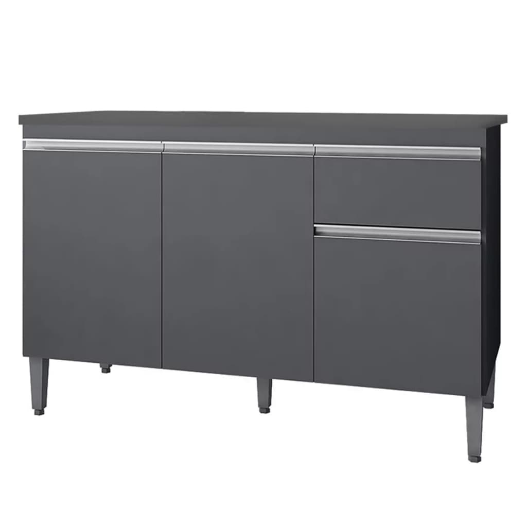 Balcão Gabinete 3 Portas de Cozinha 120cm Tatiane Cinza Sem Tampo