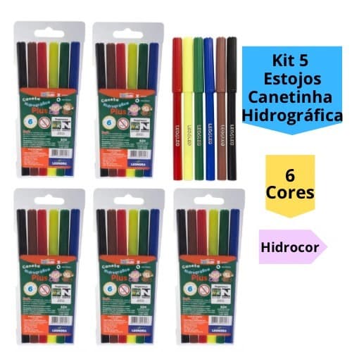 Kit 5 Estojos Canetinha Hidrográfica 6 Cores Hidrocor 30 Canetinhas Leo&Leo