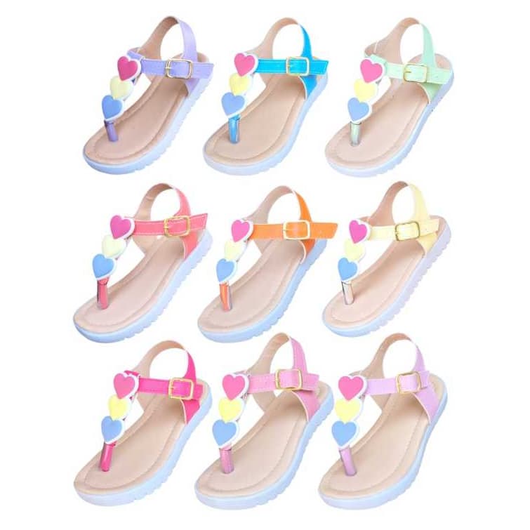 Sandália infantil de dedo enfeite corações coloridos.