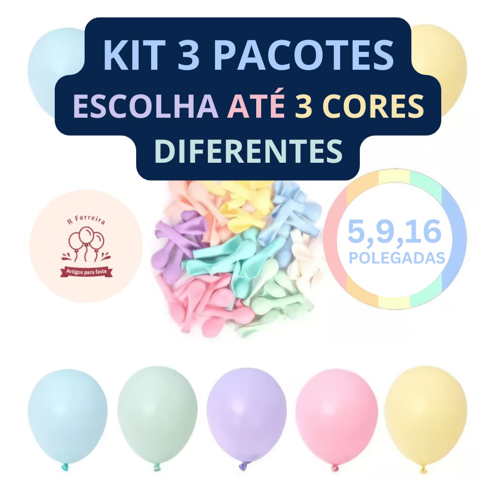 Kit 3 Pacotes Balão Bexiga para Festa Candy Color 5", 9" e 16" PicPic Cores Pastéis