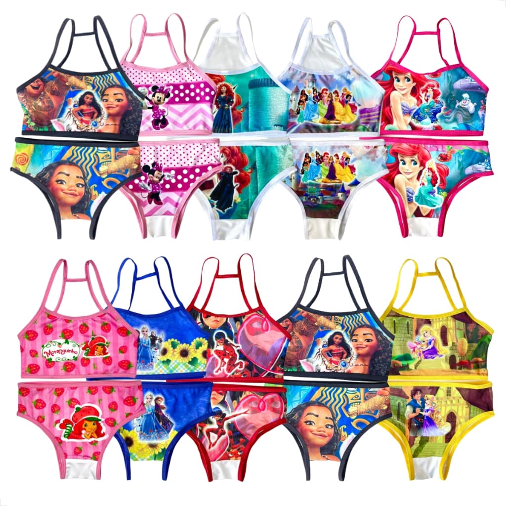 Kit 10 Conjunto Sublimado Menina Moça Infantil Personagens Wega Desenhos Toper Calcinha
