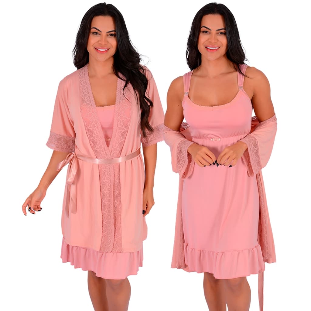 Kit Camisola Amamentação e Robe Microfibra Renda Moda Feminina Maternidade Mamãe Bebê | 0184.850