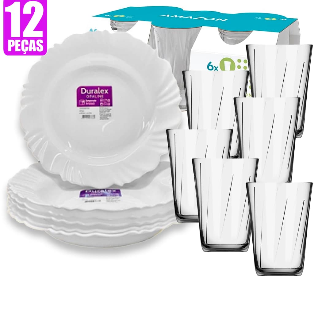 JOGO Kit de 12 peças Vidro Opaline Duralex 6 Pratos PÉTALA e 6 copos Amazon 190ml de Jantar e Almoço