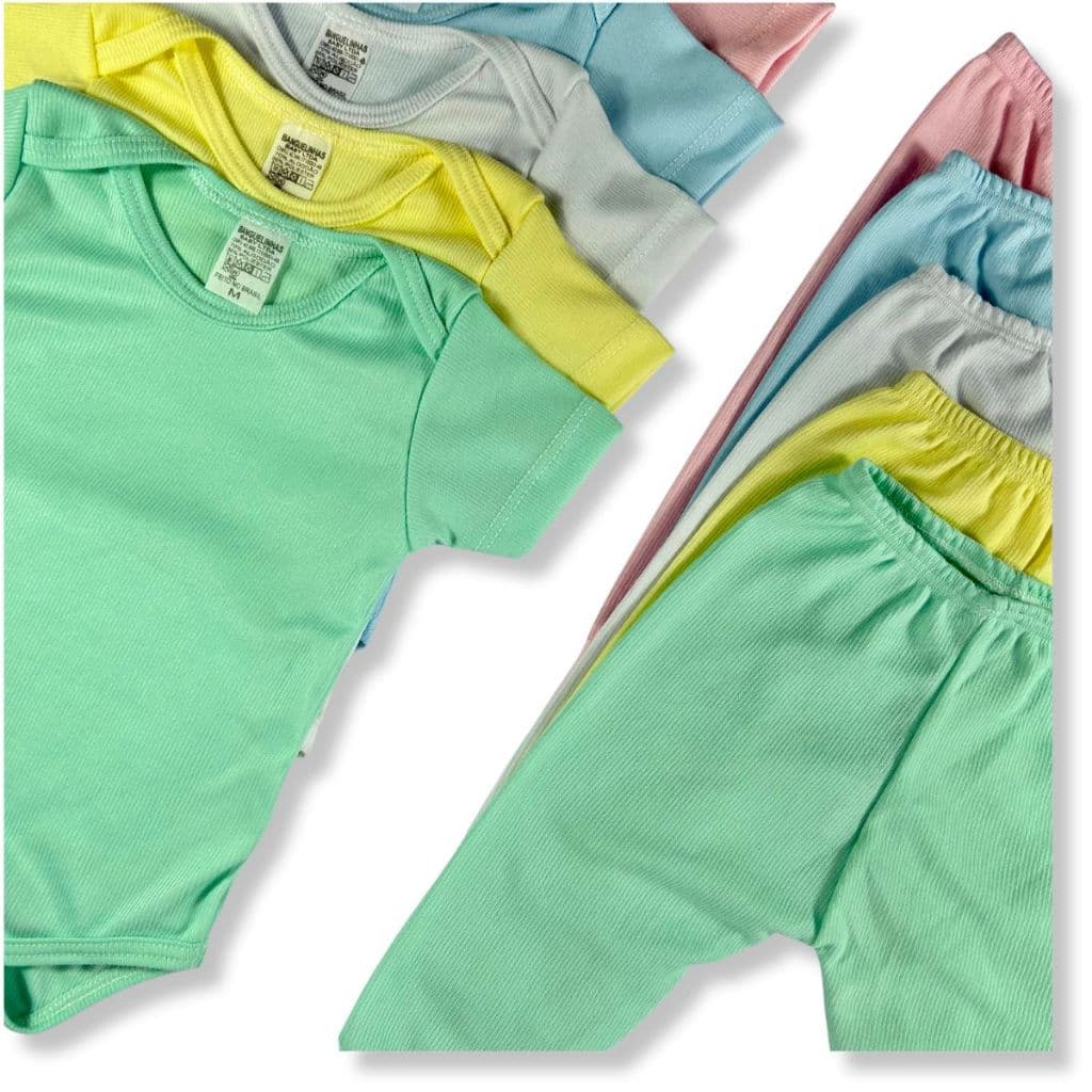 Kit 4 Peças Body De Bebe Manga Curta + Mijão Canelado