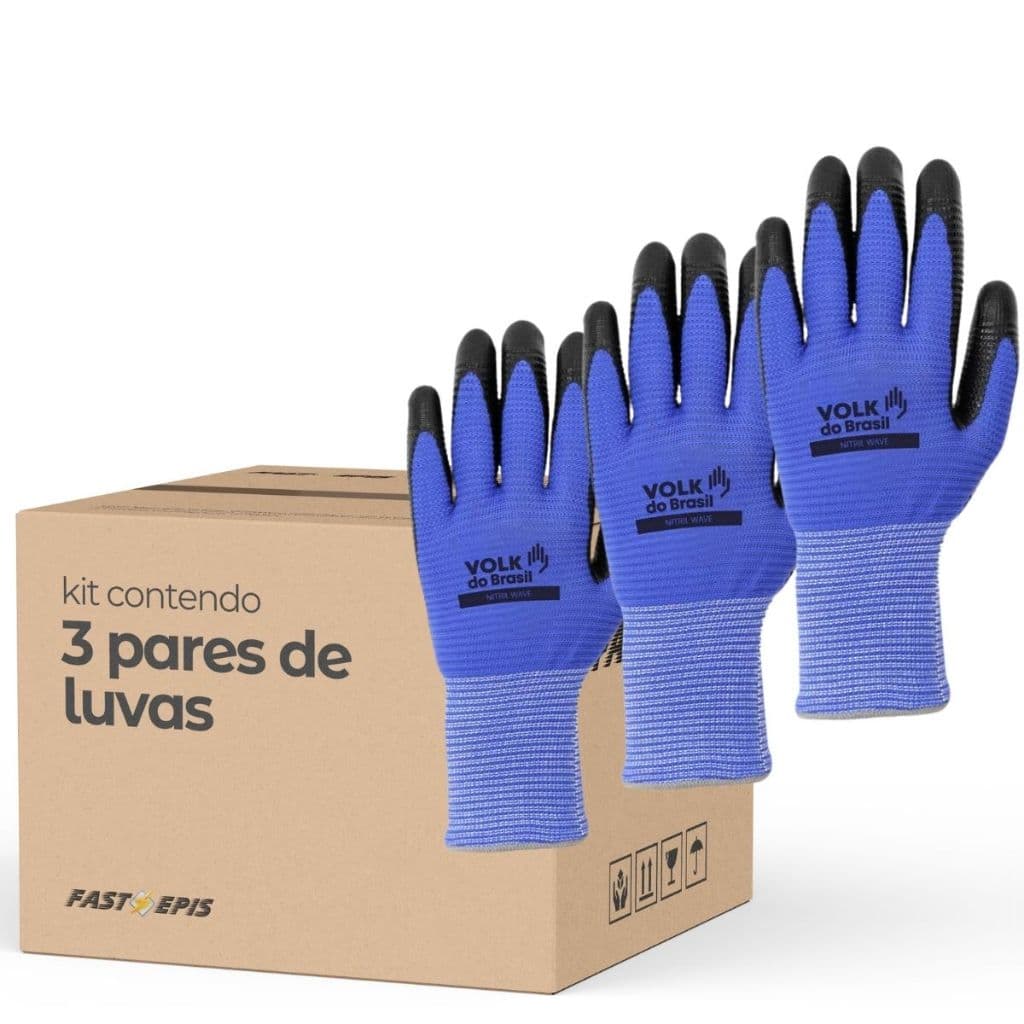 Kit 3 Pares - Luva de Segurança Latex Nitrilico Nitril Wave Tato Ideal para Mecanico - Volk