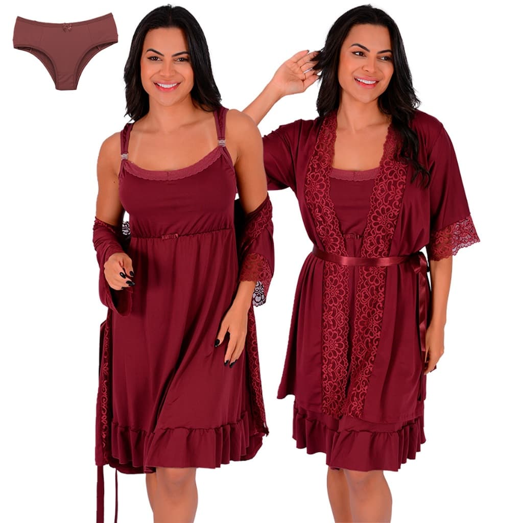 Kit Gestante Camisola Amamentação com Calcinha Pós Parto e Robe Mamãe Bebê Maternidade |0184-850-009