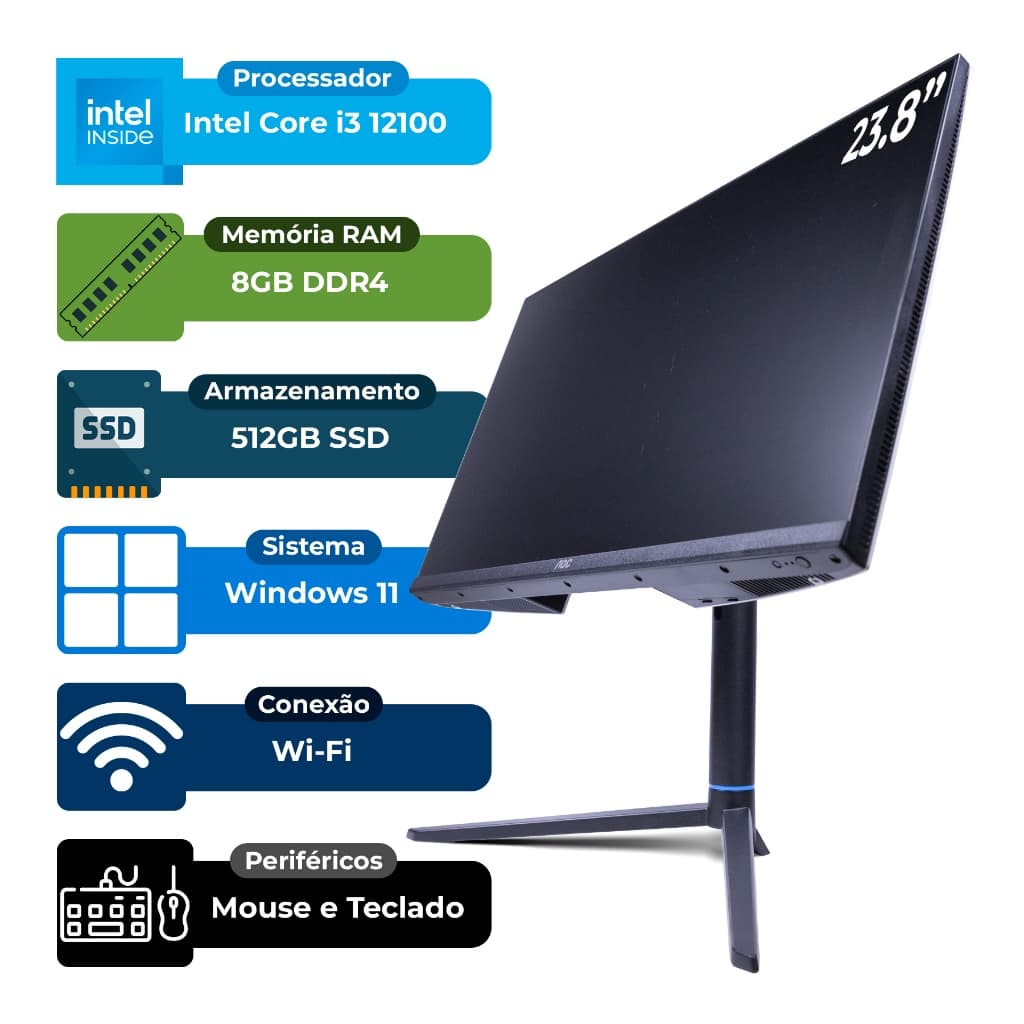 Computador All in One AOC 23.8" Intel Core i3-12100 8GB DDR4 512GB SSD Gráficos Wifi Integrados