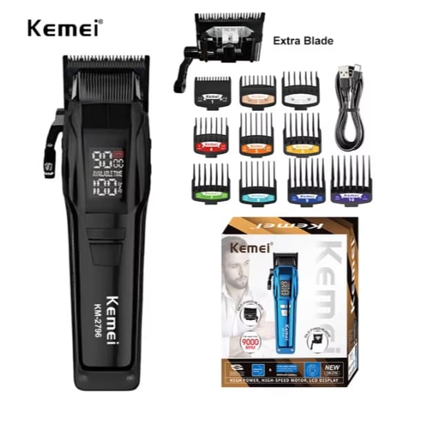 Kemei-KM- 2796 Corte de cabelo profissional, Alta velocidade, 9000  RPM novo Display LCD  10W  USB-C