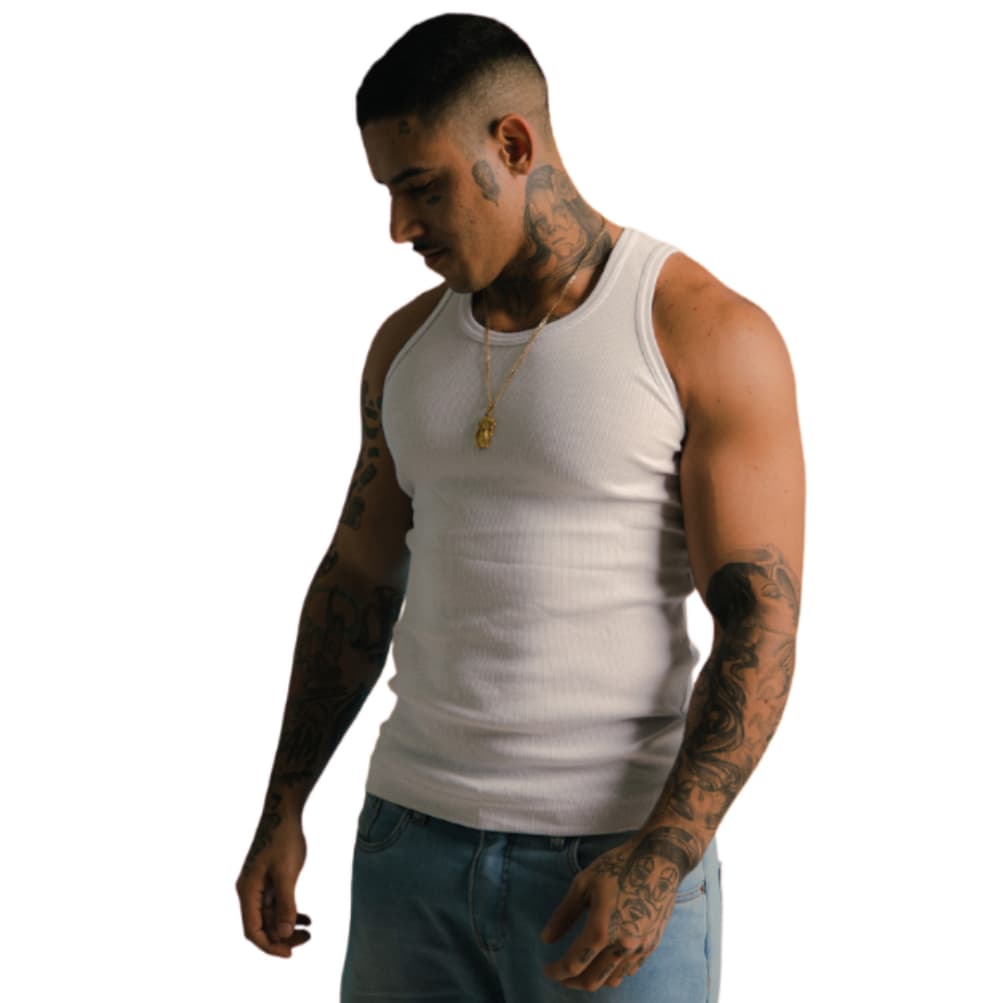 Regata Masculina Branca Preta de Academia Justa Canelada Estilo Americana Hip Hop Rapper